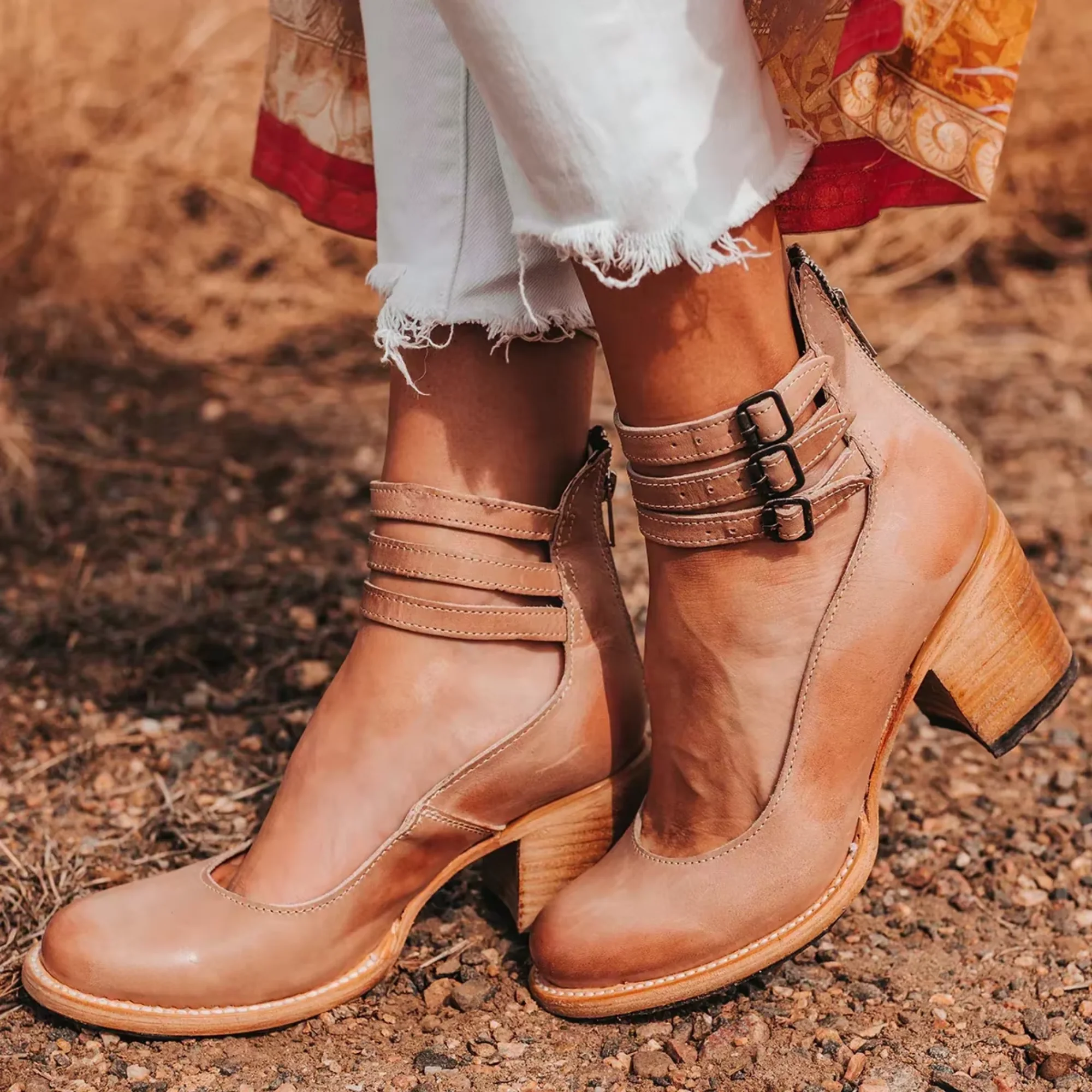 Women’s Block Heel Pumps with Triple Ankle Straps and Distressed Leather Finish - Image 10