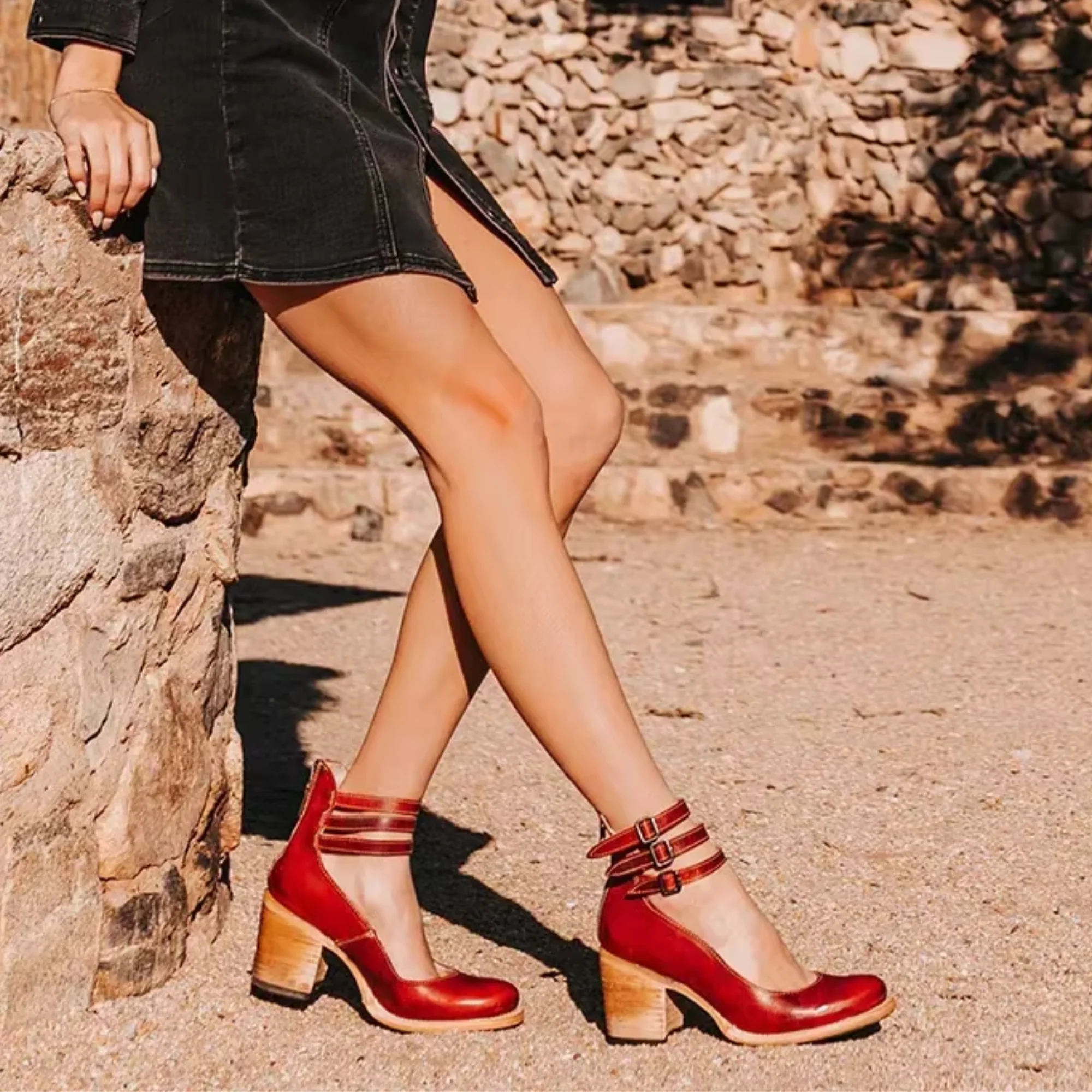 Women’s Block Heel Pumps with Triple Ankle Straps and Distressed Leather Finish - Image 2