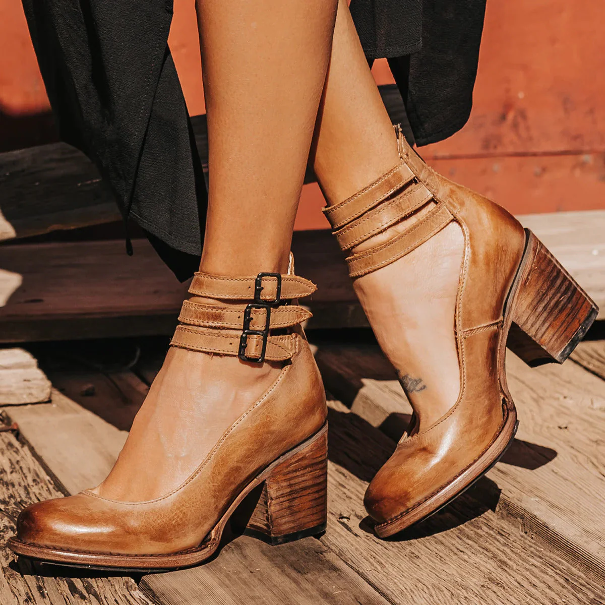 Women’s Block Heel Pumps with Triple Ankle Straps and Distressed Leather Finish - Image 3