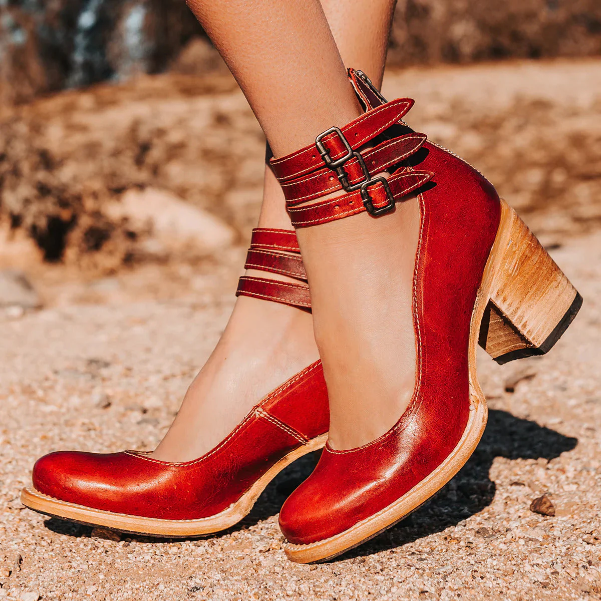 Women’s Block Heel Pumps with Triple Ankle Straps and Distressed Leather Finish - Image 5