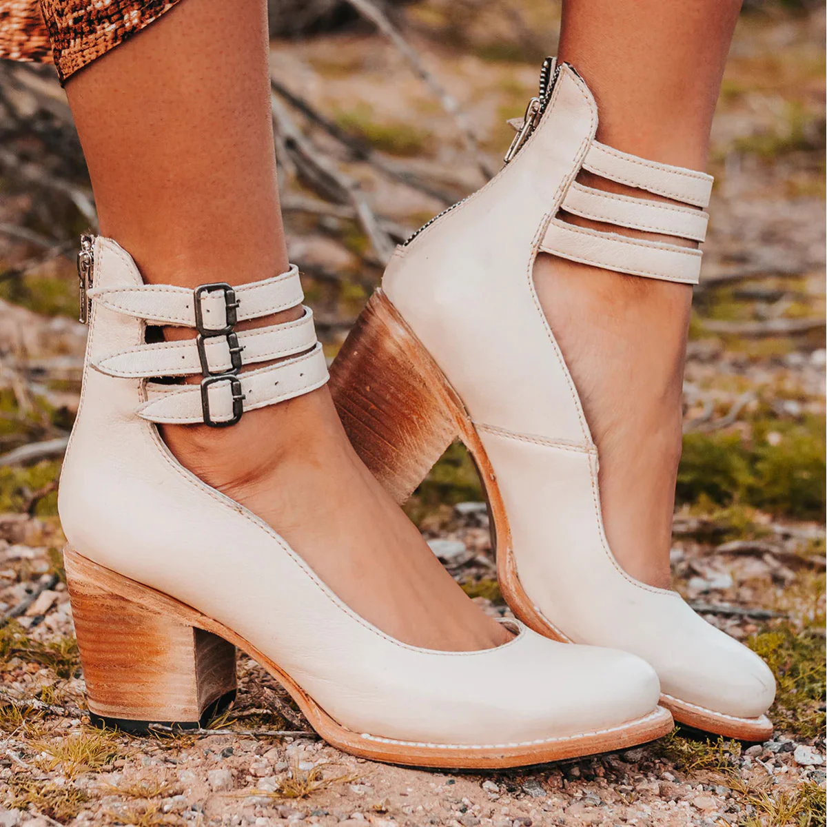 Women’s Block Heel Pumps with Triple Ankle Straps and Distressed Leather Finish - Image 6