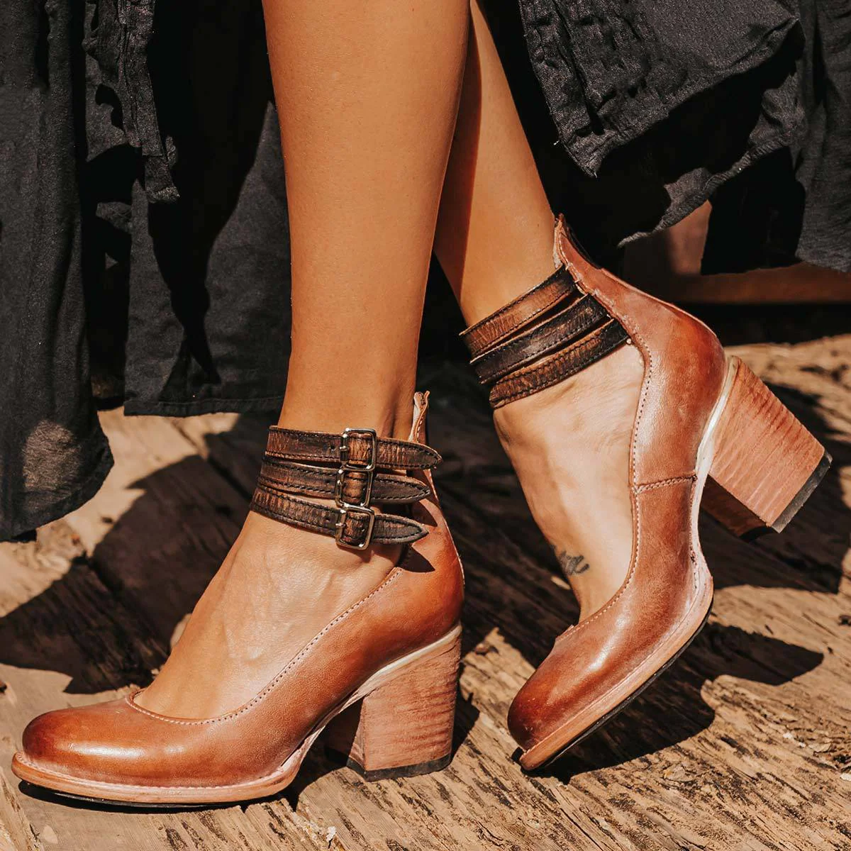 Women’s Block Heel Pumps with Triple Ankle Straps and Distressed Leather Finish - Image 7