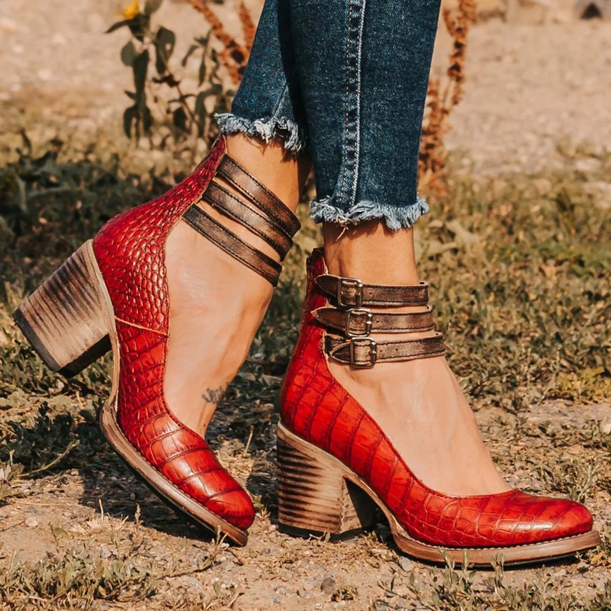 Women’s Block Heel Pumps with Triple Ankle Straps and Distressed Leather Finish - Image 8