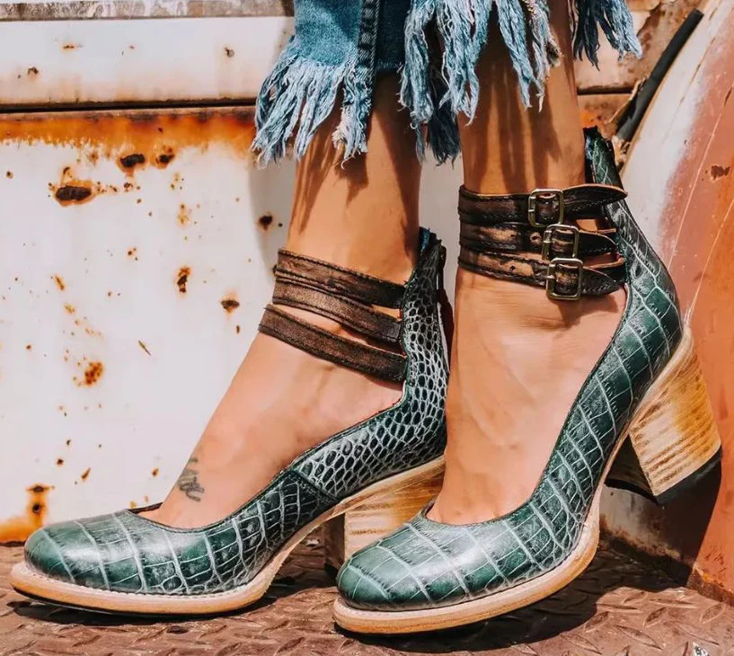Women’s Block Heel Pumps with Triple Ankle Straps and Distressed Leather Finish - Image 9