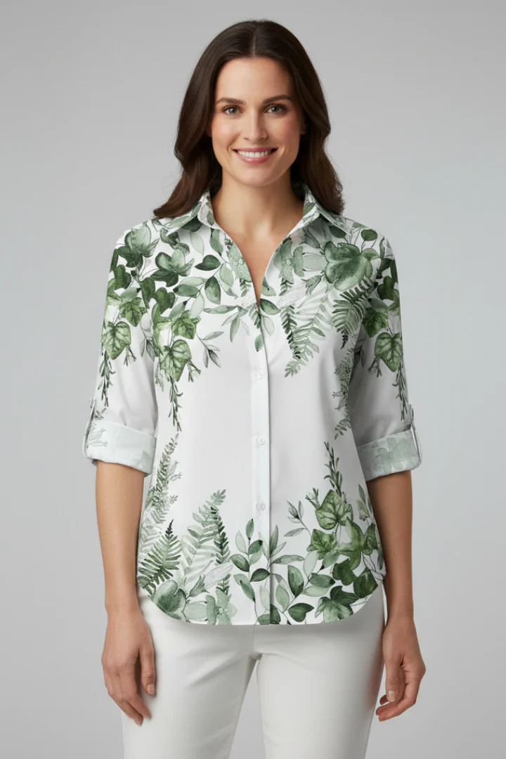 Women's Blouse with Button Closure and Leaf Print - Image 2