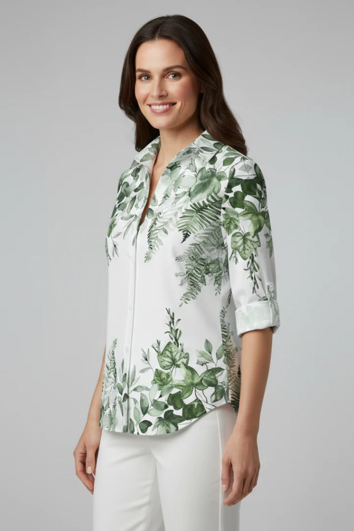 Women's Blouse with Button Closure and Leaf Print - Image 3