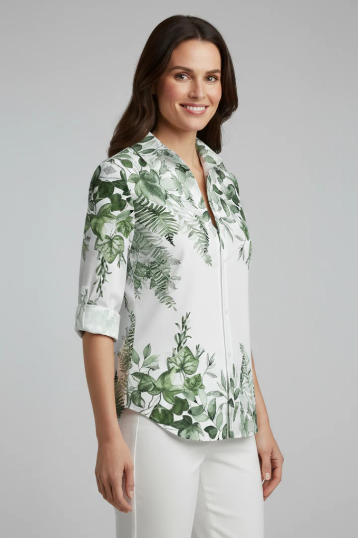 Women's Blouse with Button Closure and Leaf Print - Image 4
