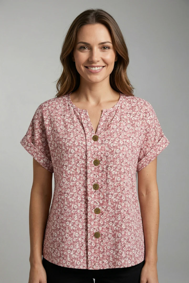 Women's Floral Blouse with Round Neck and Button Front - Image 2