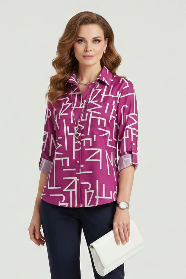 Women’s Blouse with Turn-Down Collar and Roll-Up Sleeves - Image 2