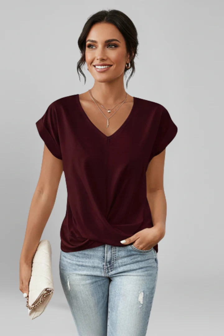 Women's Relaxed Fit V-Neck Blouse with Short Sleeves - Image 12