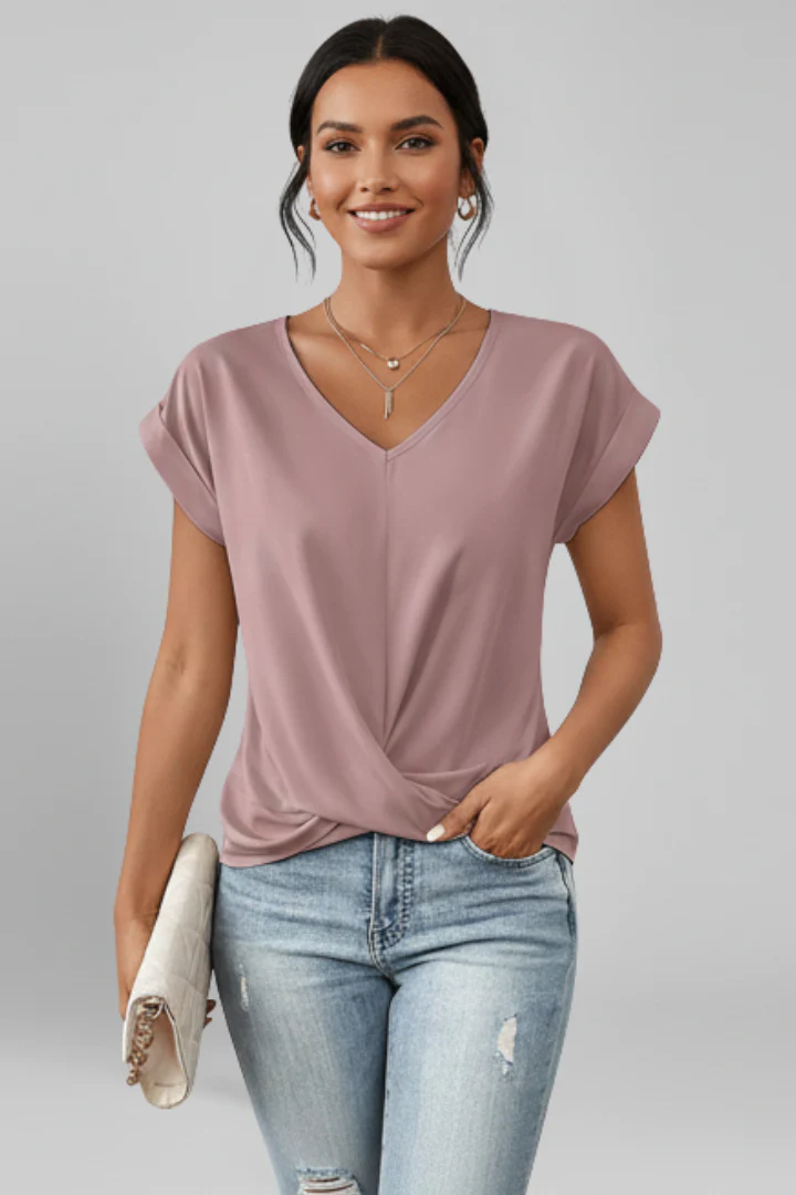 Women's Relaxed Fit V-Neck Blouse with Short Sleeves - Image 2