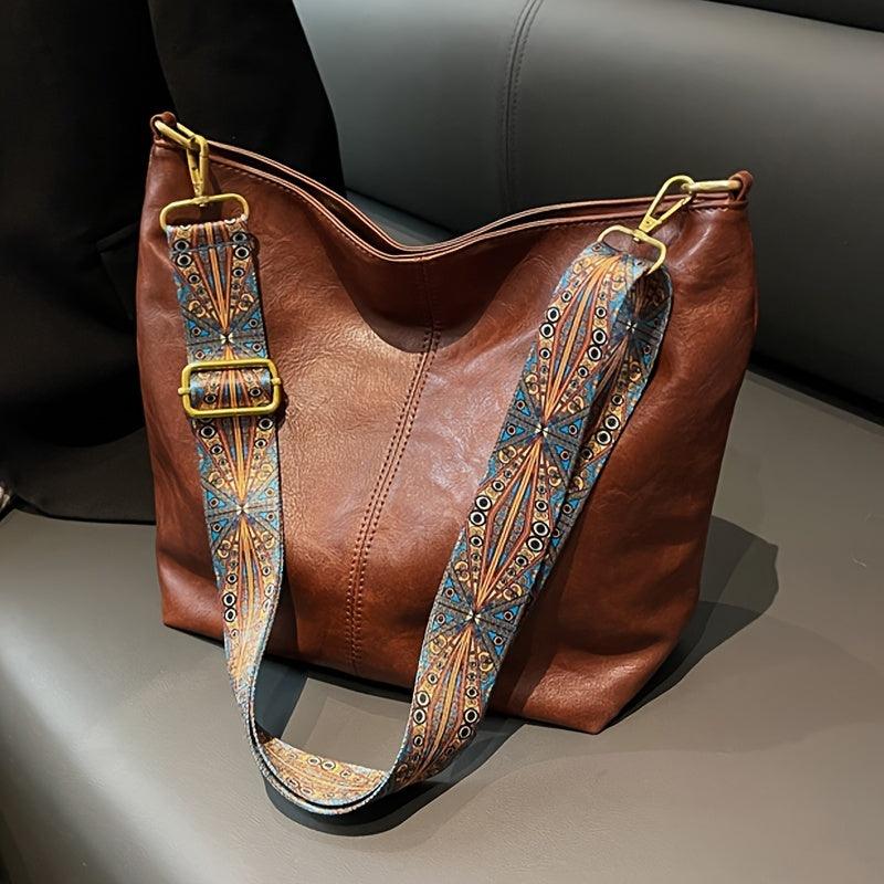 Women's Bohemian Shoulder Bag with Patterned Guitar Strap and Spacious Slouchy Silhouette - Image 11