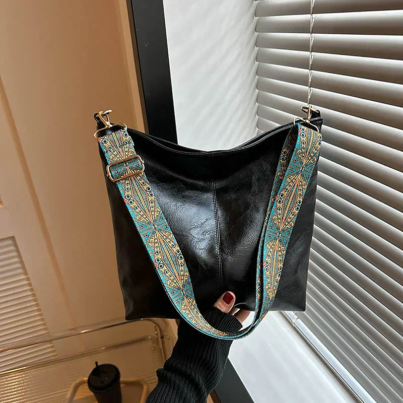 Women's Bohemian Shoulder Bag with Patterned Guitar Strap and Spacious Slouchy Silhouette - Image 8