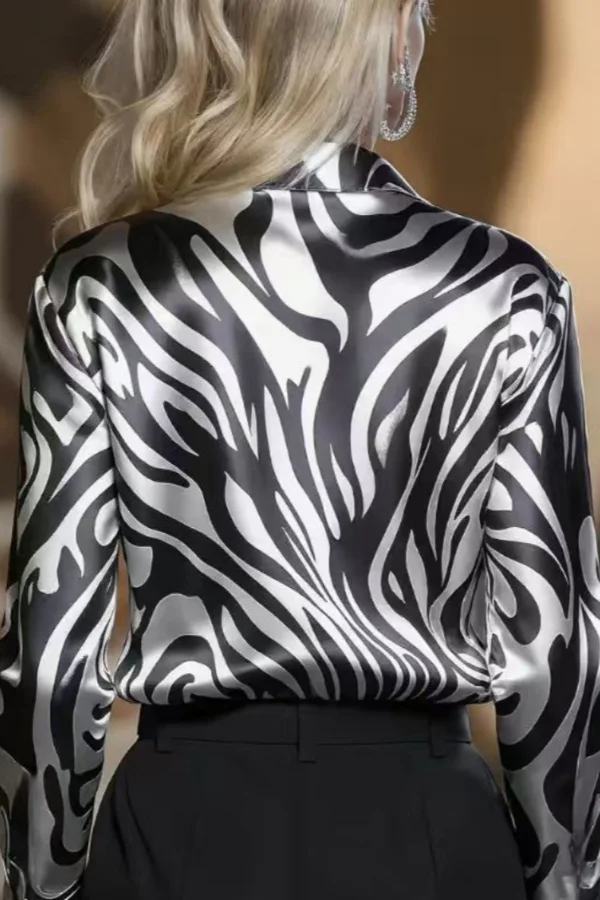 Women's Button Down Shirt with Zebra Print and Satin Liquid Sheen Finish - Image 4