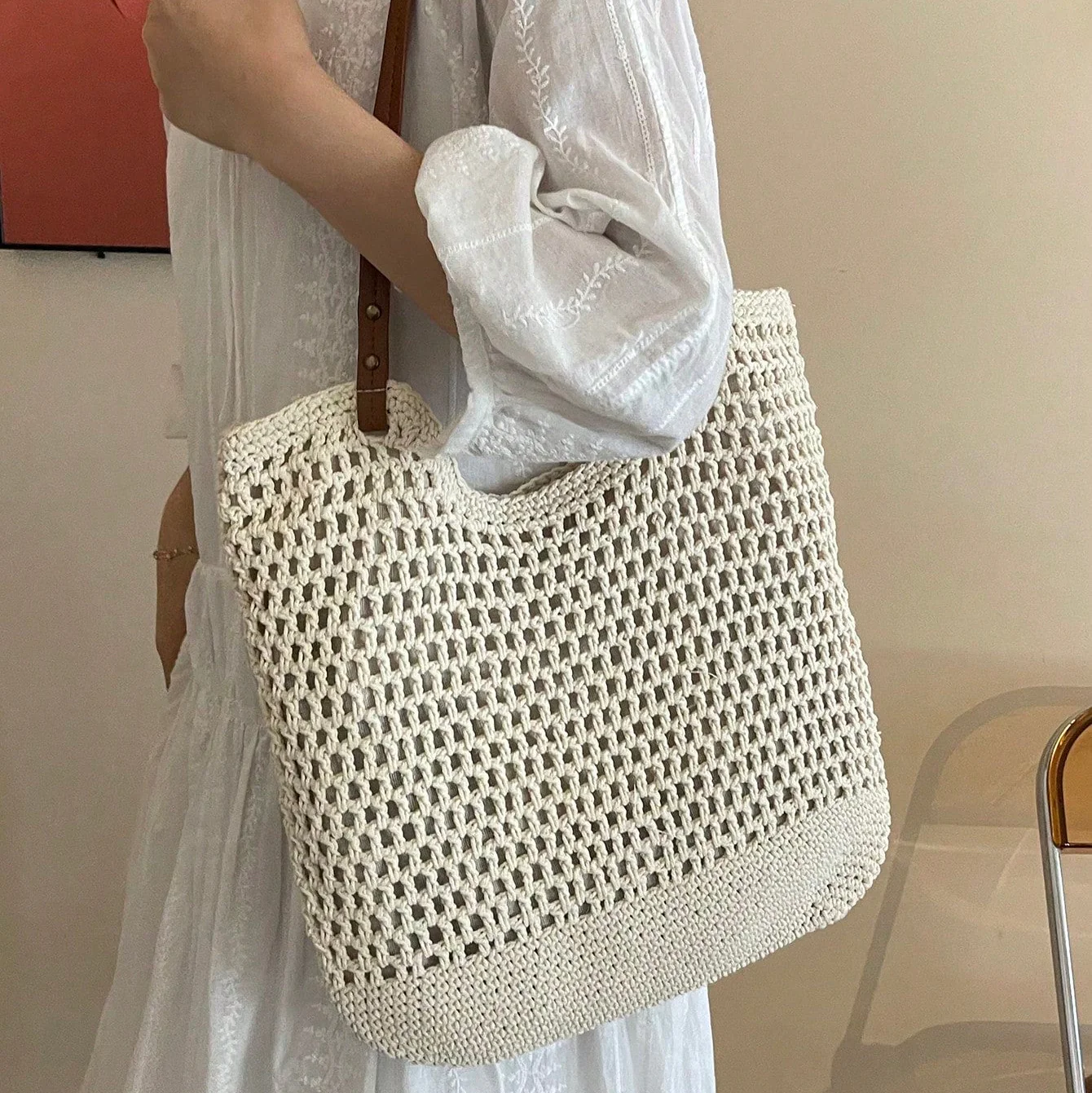 Women’s Crochet Tote Bag Leather Straps Open Weave Cotton Mesh Shoulder Purse - Image 2