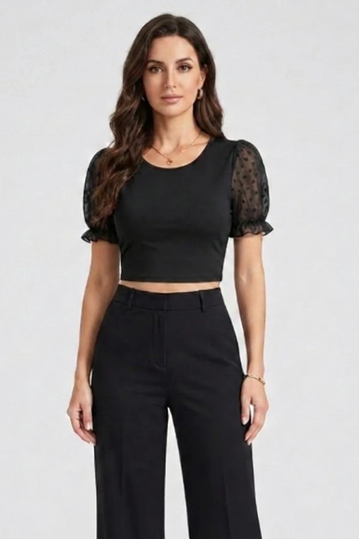 Women’s Crop Top with Puff Sleeves and Round Neck - Image 2