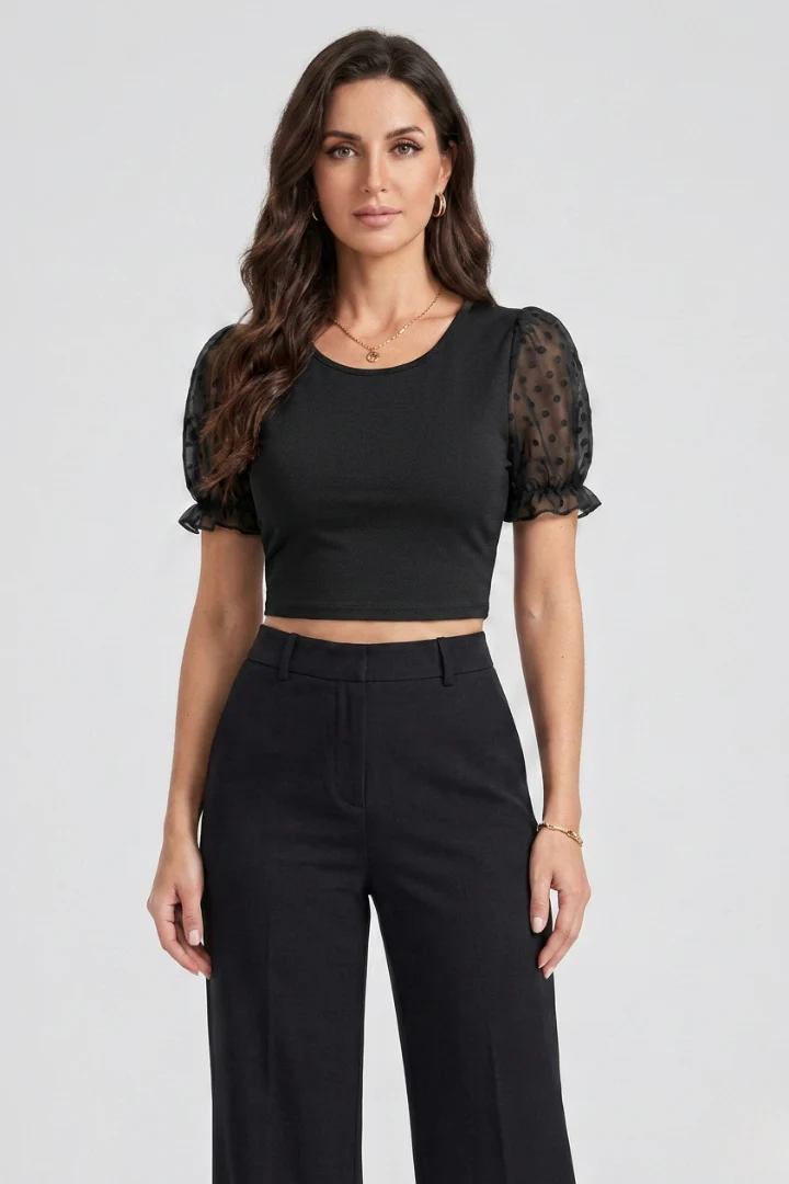 Women’s Crop Top with Puff Sleeves and Round Neck - Image 3