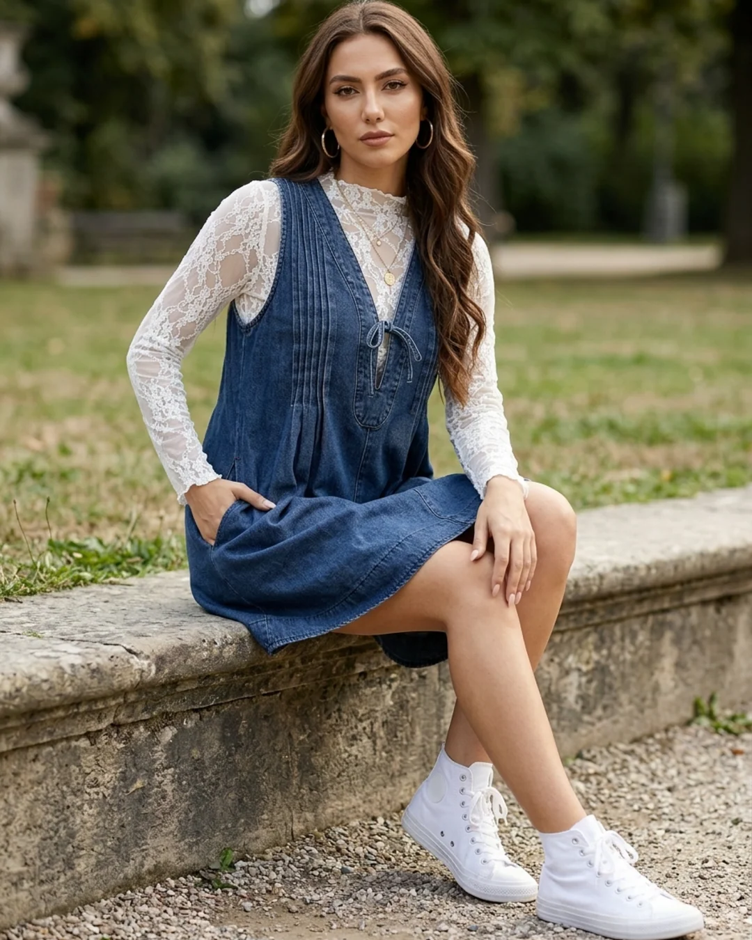 Women’s Denim Pinafore Dress Pleated Front Tie-Neck Shift Mini - Image 5