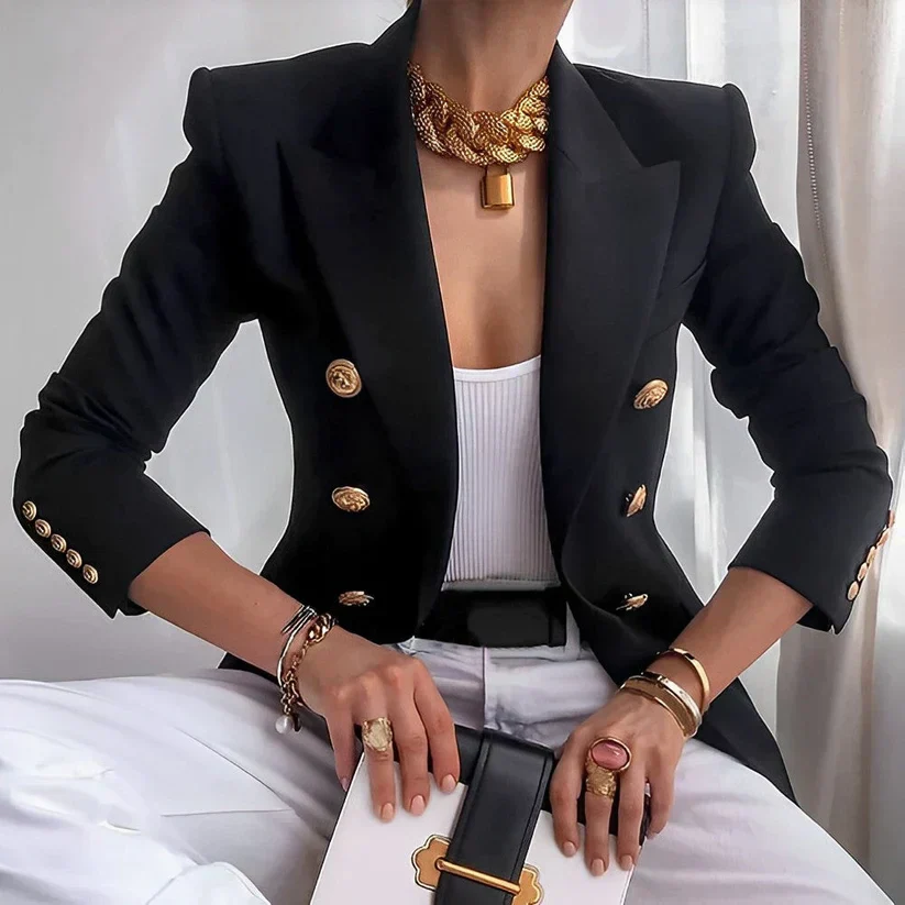 Women’s Double-Breasted Blazer with Gold Buttons and Tailored Peak Lapel - Image 3