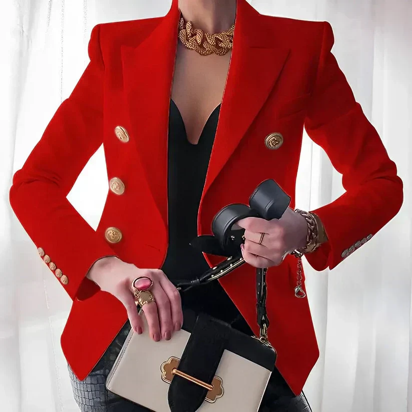 Women’s Double-Breasted Blazer with Gold Buttons and Tailored Peak Lapel - Image 5