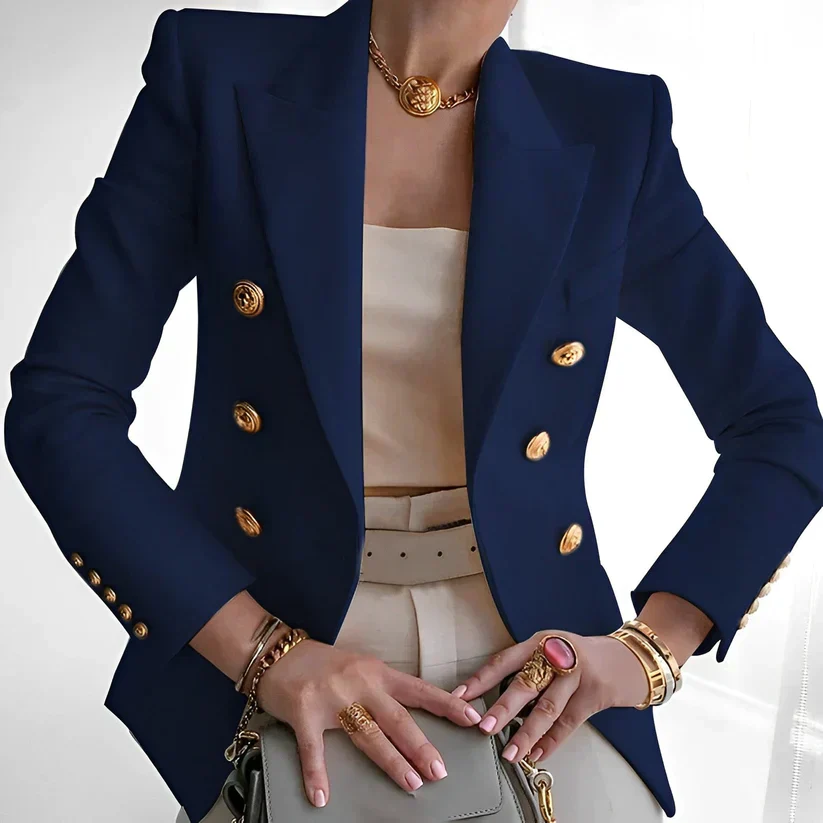 Women’s Double-Breasted Blazer with Gold Buttons and Tailored Peak Lapel - Image 7