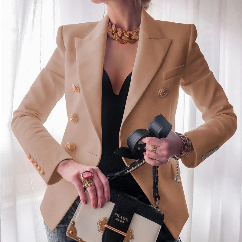 Women’s Double-Breasted Blazer with Gold Buttons and Tailored Peak Lapel - Image 9