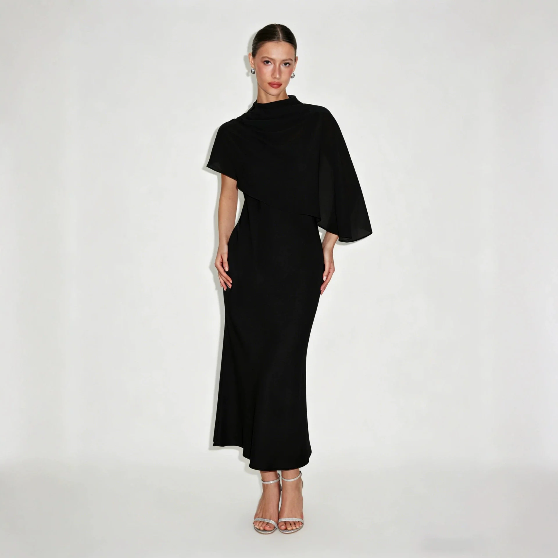 Women’s Dress and Cape Set with Chiffon Overlay and Spaghetti Strap Midi - Image 2