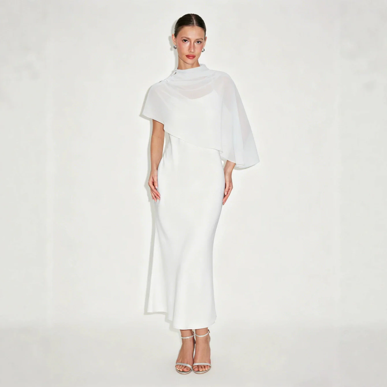 Women’s Dress and Cape Set with Chiffon Overlay and Spaghetti Strap Midi - Image 3