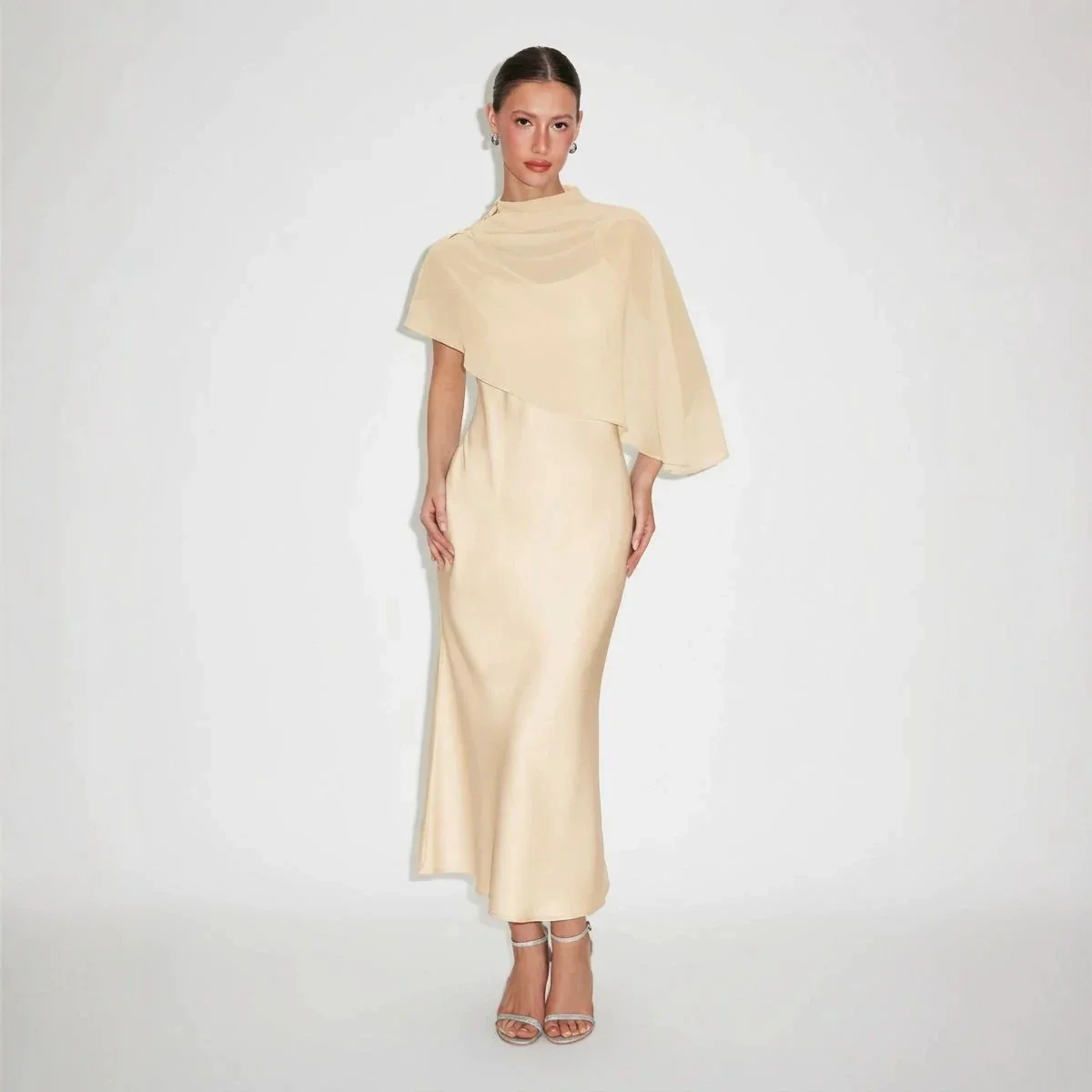Women’s Dress and Cape Set with Chiffon Overlay and Spaghetti Strap Midi - Image 4