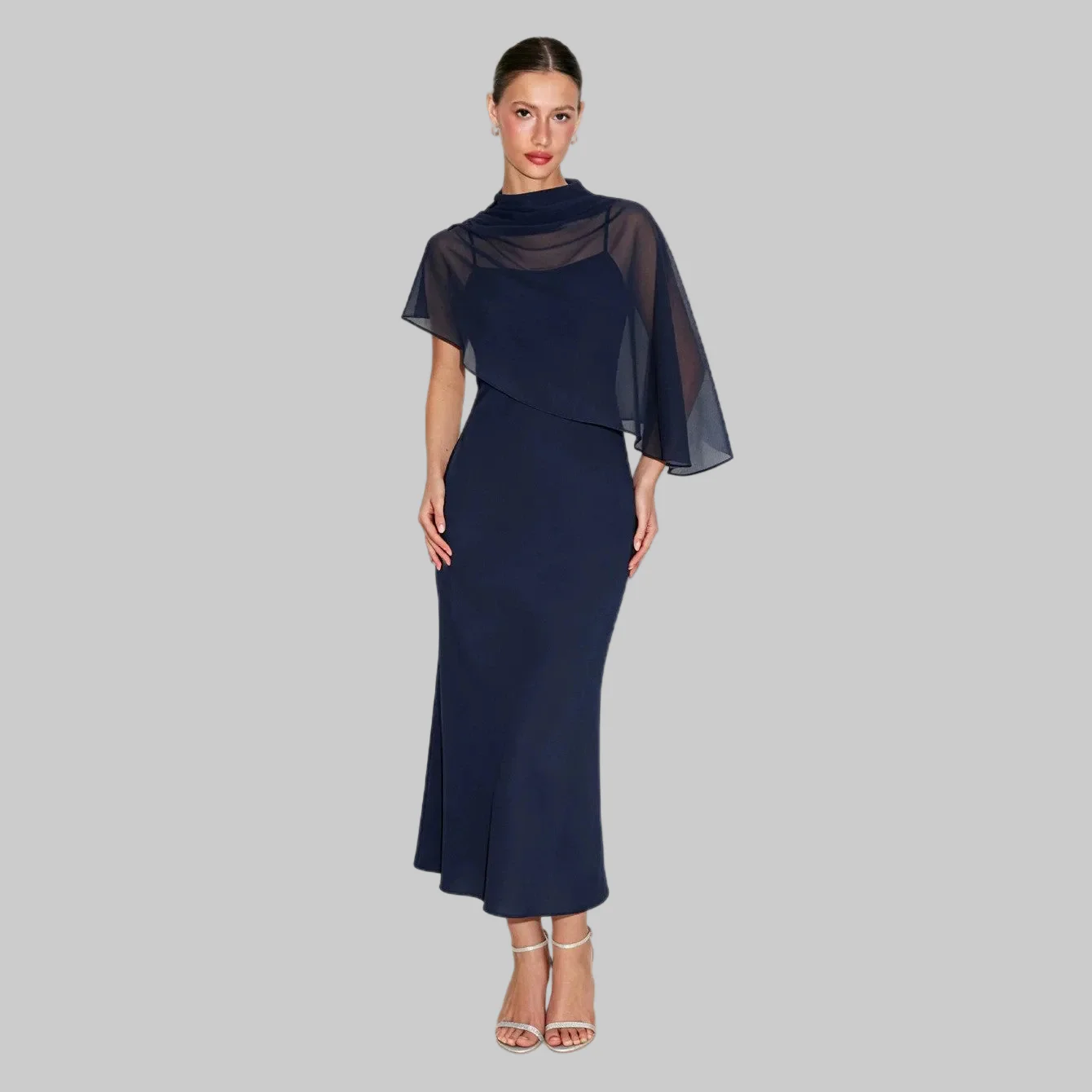 Women’s Dress and Cape Set with Chiffon Overlay and Spaghetti Strap Midi - Image 5