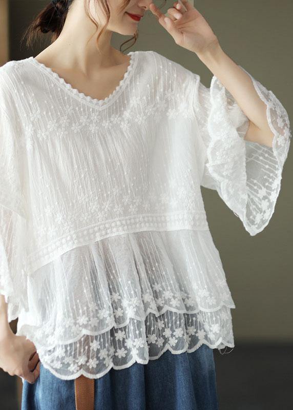 Women's Embroidered Blouse with Tiered Lace Hem and Half Sleeves - Image 3
