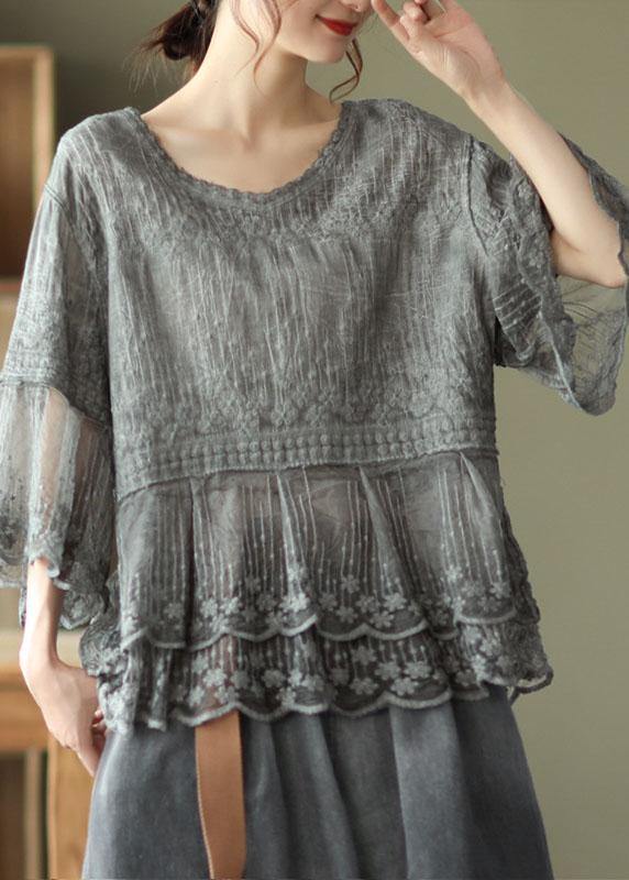 Women's Embroidered Blouse with Tiered Lace Hem and Half Sleeves - Image 4