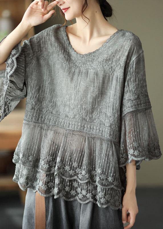 Women's Embroidered Blouse with Tiered Lace Hem and Half Sleeves - Image 5
