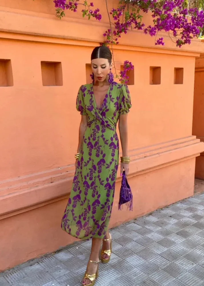 Women's Floral Midi Dress with Wrap V-Neckline and Puff Sleeves - Image 3