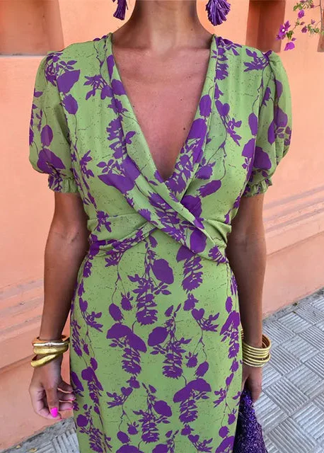 Women's Floral Midi Dress with Wrap V-Neckline and Puff Sleeves - Image 5