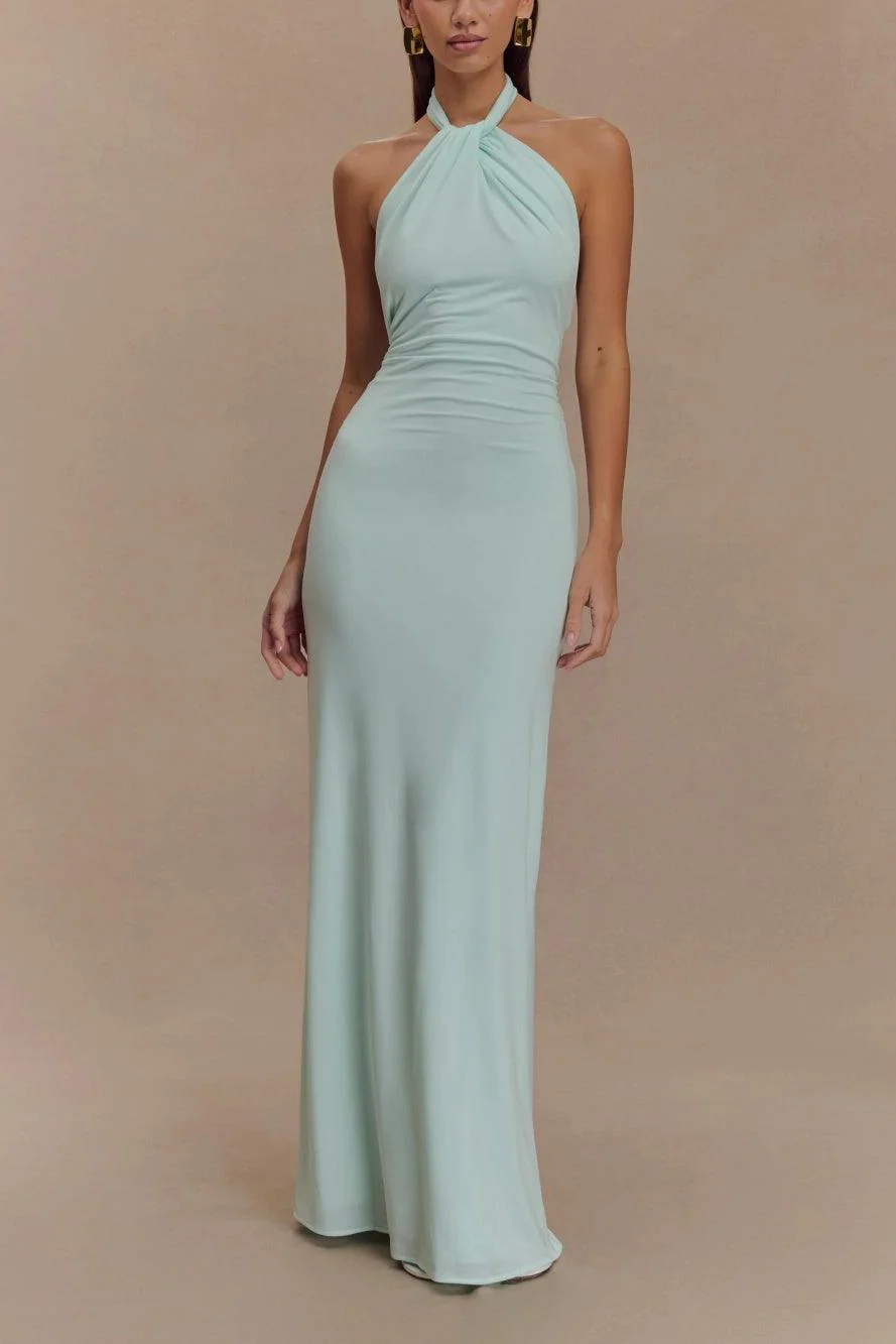 Women’s Halter Maxi Dress with Ruched Bodice and Slinky Column Silhouette - Image 2