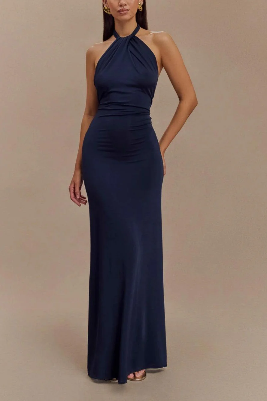 Women’s Halter Maxi Dress with Ruched Bodice and Slinky Column Silhouette - Image 3