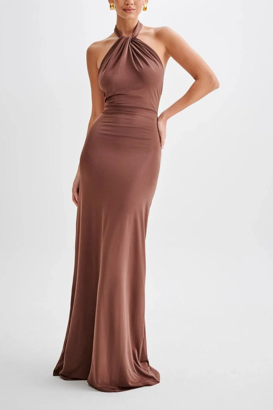 Women’s Halter Maxi Dress with Ruched Bodice and Slinky Column Silhouette - Image 4
