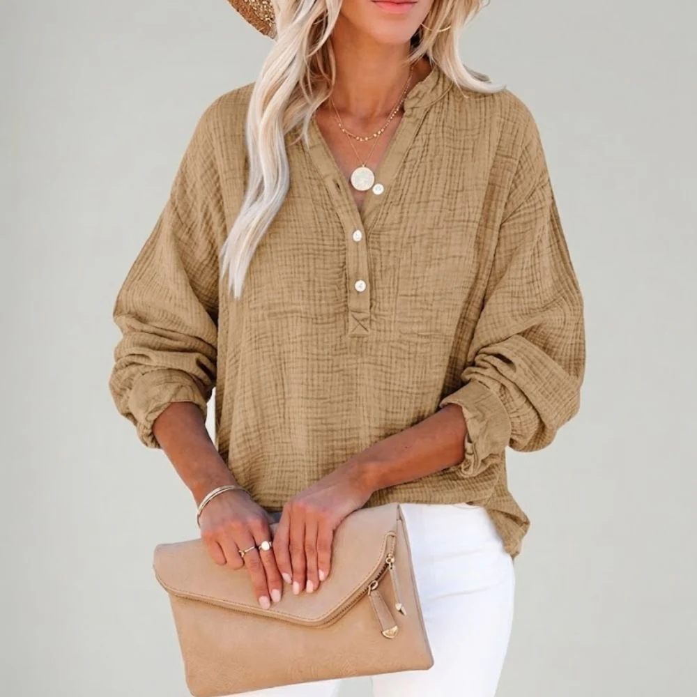 Women's Henley Blouse with Textured Gauze Fabric and Long Sleeves - Image 4