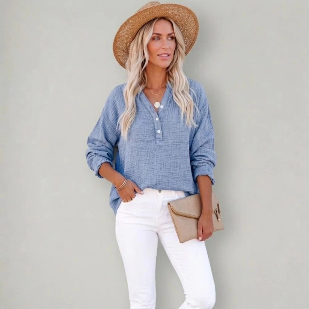 Women's Henley Blouse with Textured Gauze Fabric and Long Sleeves - Image 5