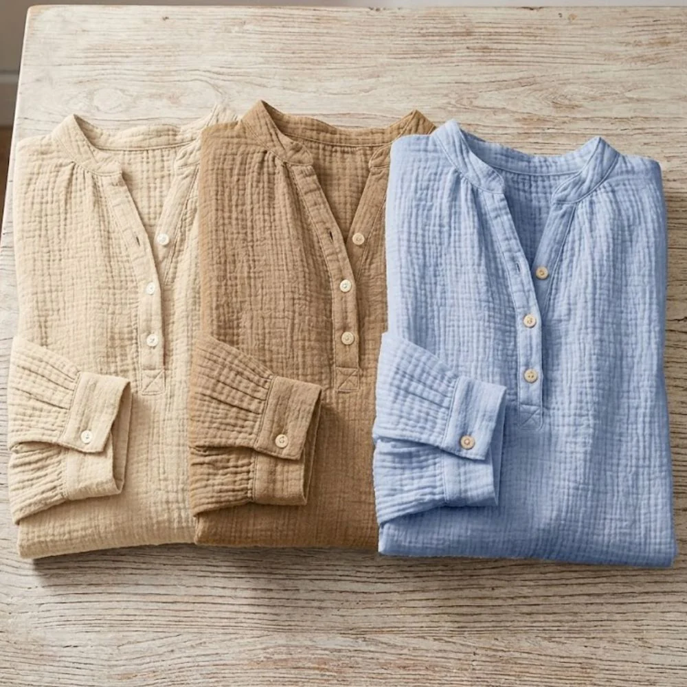 Women's Henley Blouse with Textured Gauze Fabric and Long Sleeves - Image 6