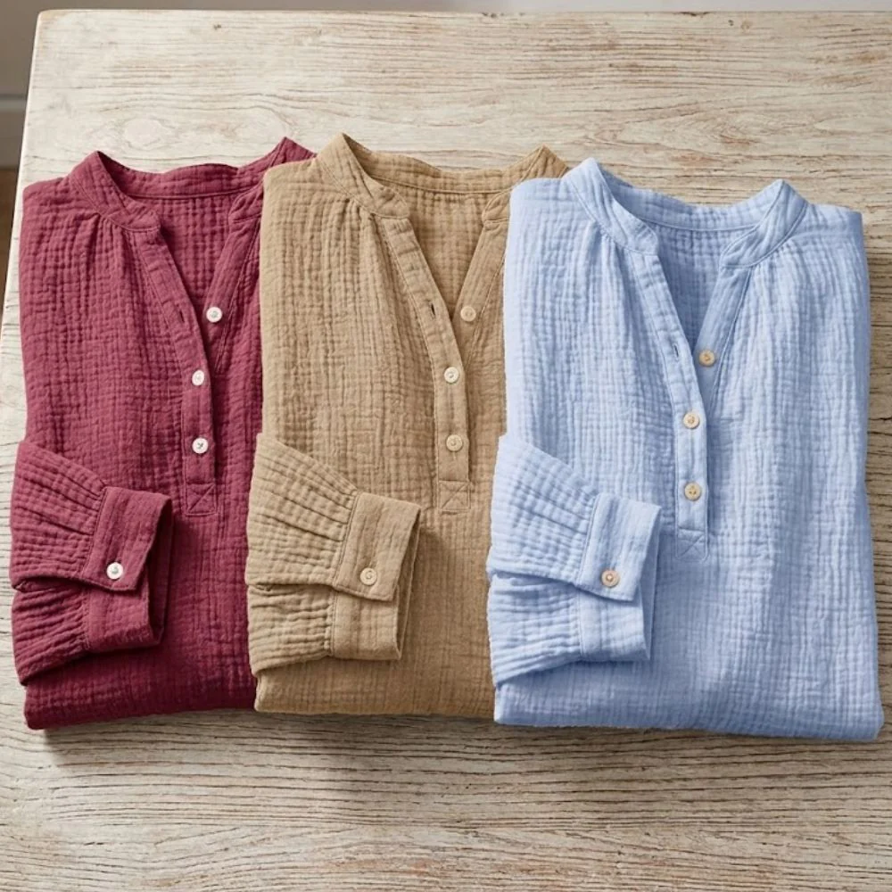 Women's Henley Blouse with Textured Gauze Fabric and Long Sleeves - Image 7