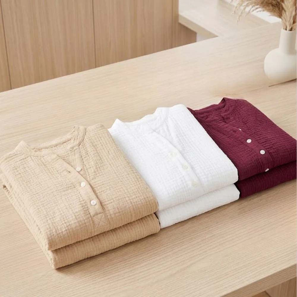 Women's Henley Blouse with Textured Gauze Fabric and Long Sleeves - Image 8