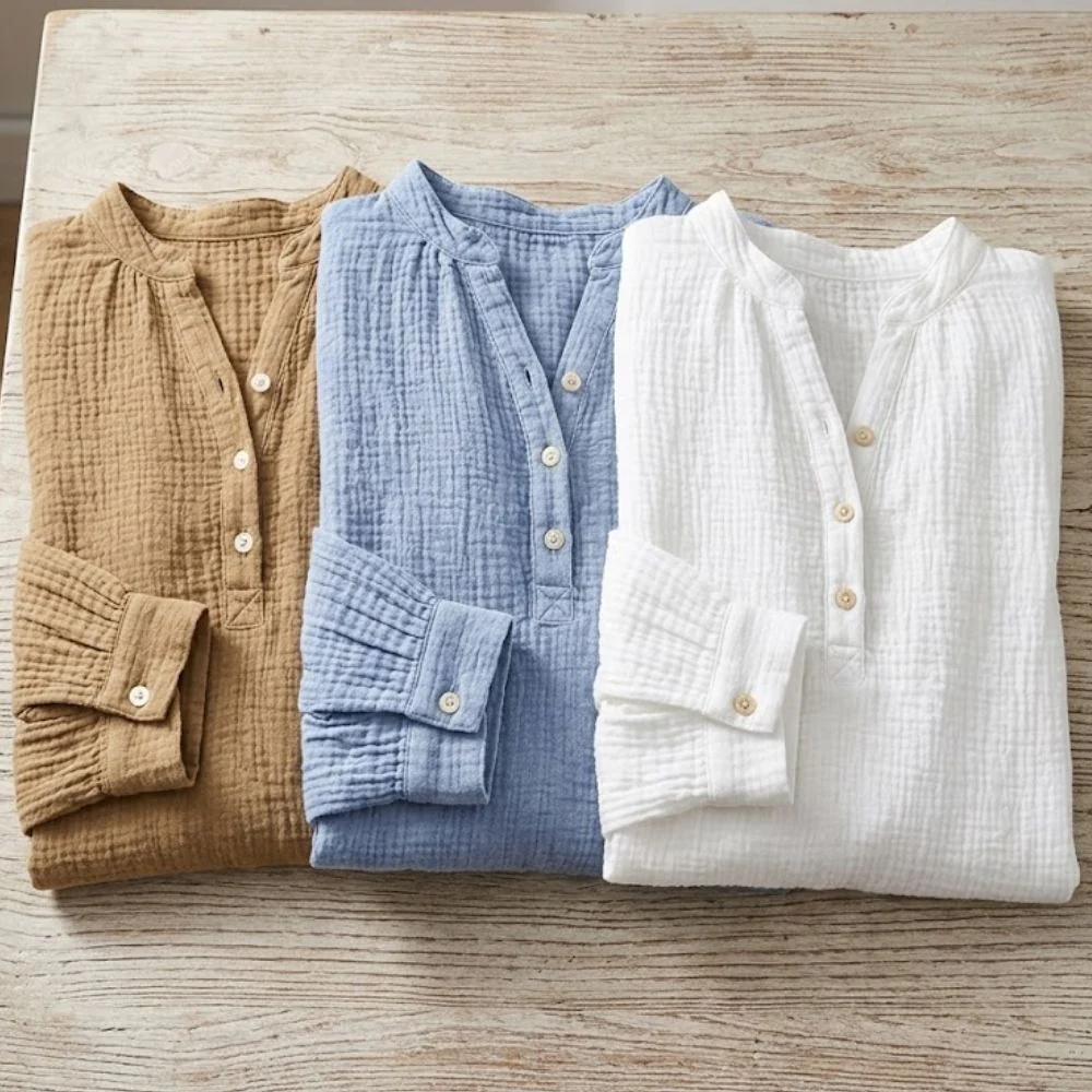 Women's Henley Blouse with Textured Gauze Fabric and Long Sleeves - Image 9
