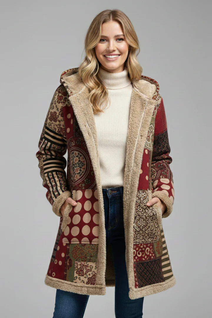 Women’s Hooded Overcoat with Zip and Patchwork Surface - Image 7