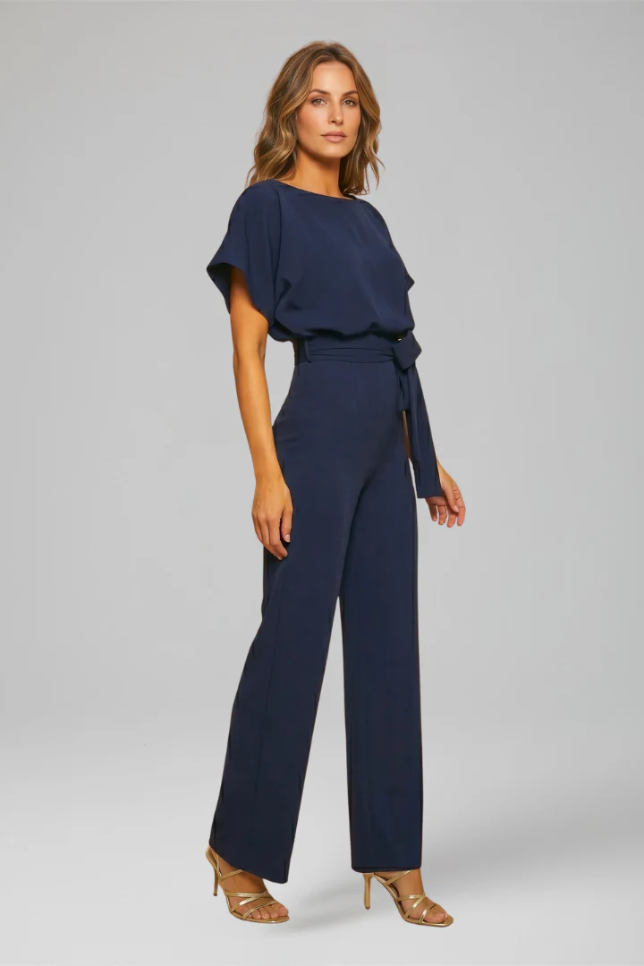 Women's Wide Leg Jumpsuit with Flutter Sleeves and Waist Tie Belt - Image 3