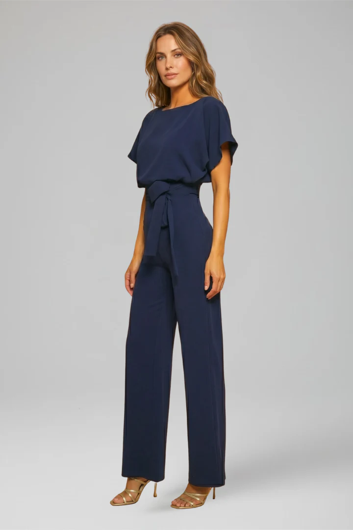 Women's Wide Leg Jumpsuit with Flutter Sleeves and Waist Tie Belt - Image 4