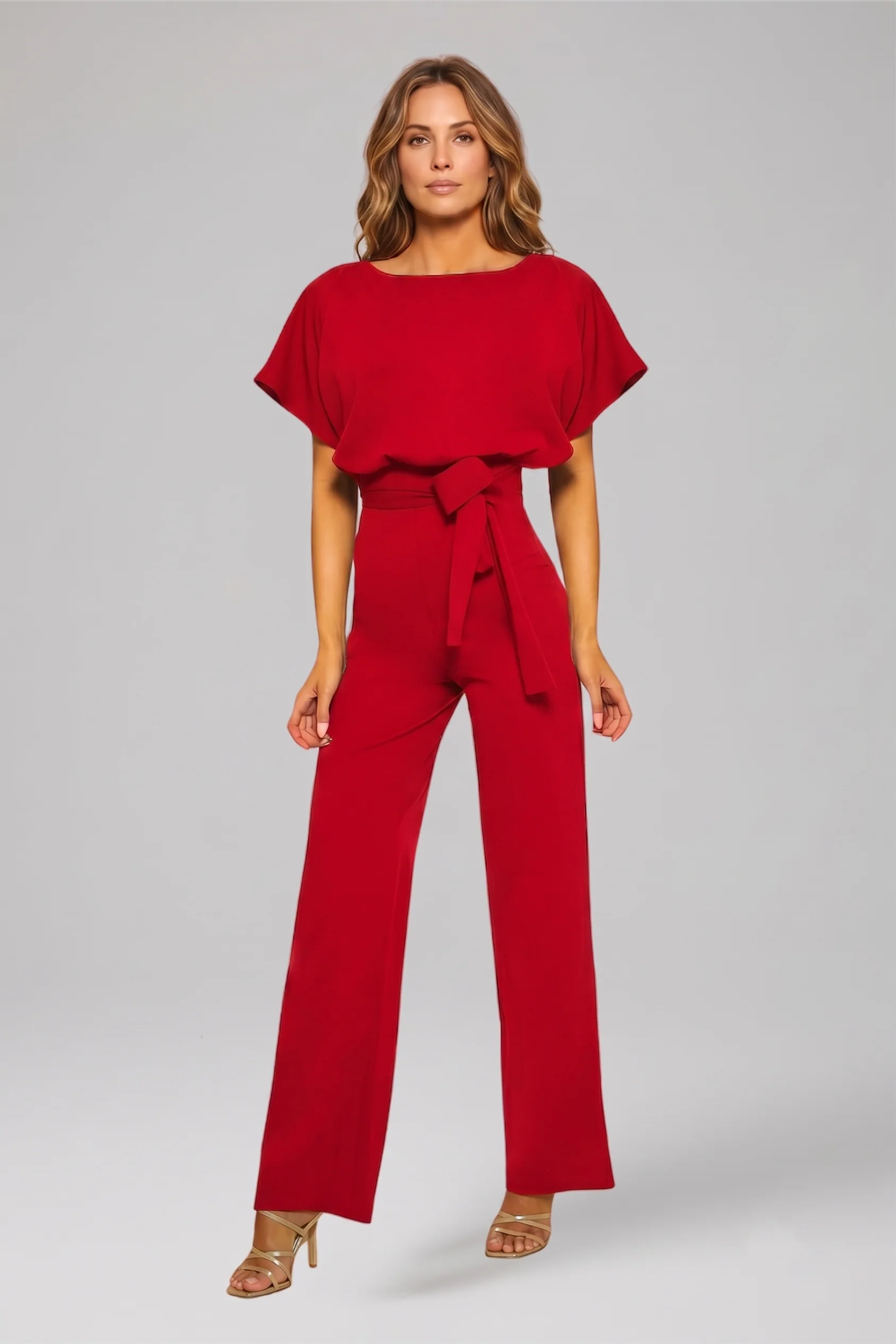 Women's Wide Leg Jumpsuit with Flutter Sleeves and Waist Tie Belt - Image 7