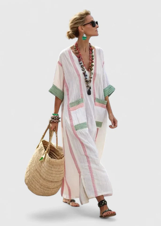 Women’s Kaftan Maxi Dress with V-Neckline and Artisanal Stripe Detail - Image 2