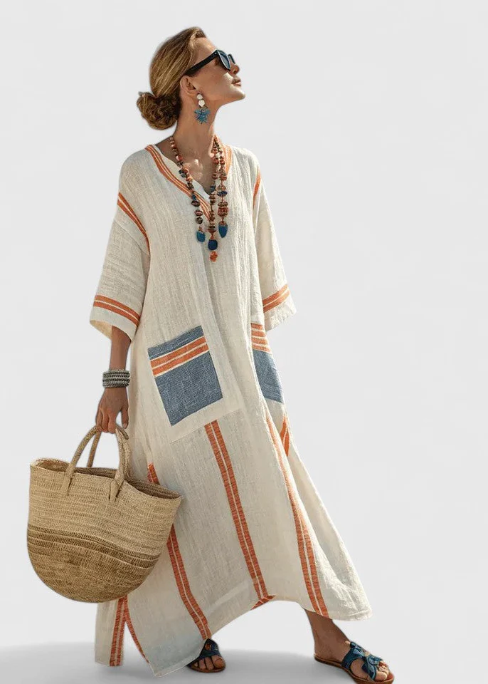 Women’s Kaftan Maxi Dress with V-Neckline and Artisanal Stripe Detail - Image 3